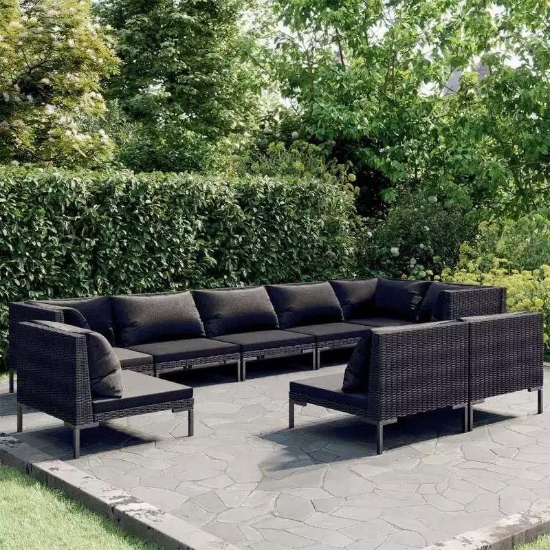 vidaXL Outdoor Patio Lounge Set - 9 Piece Poly Rattan with Cushions in Dark Gray - Sturdy Powder-Coated Steel Frame - Modern Style