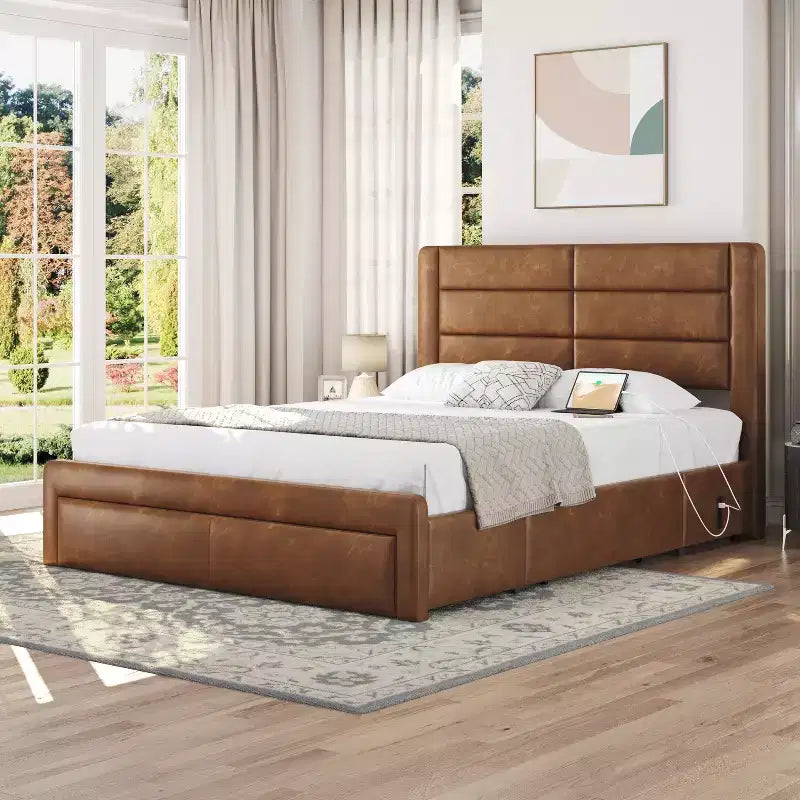 Yaheetech Upholstered Bed Frame with 3 Storage Drawers and Built-In USB Ports