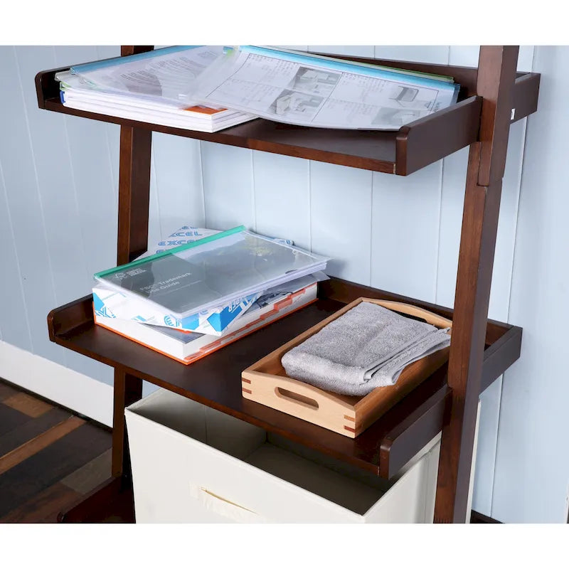 5-Tier Leaning Ladder Shelf Bookcase with Solid Wood Legs
