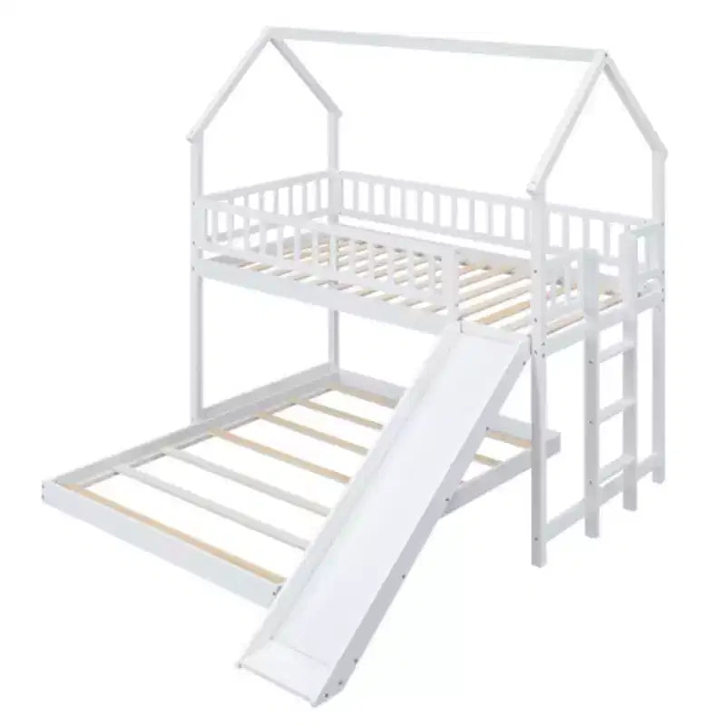 White Twin over Full House Bunk Bed with Slide, Built-in Ladder, and Full-Length Guardrail