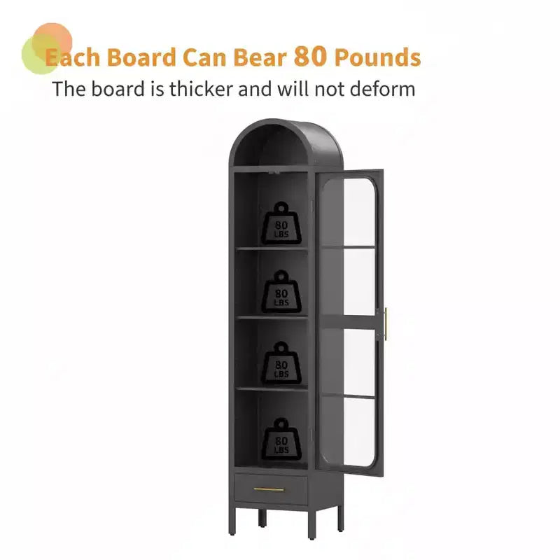 Tall Narrow Arched Bookcase, Metal Arched Storage Cabinet with Glass Door & Drawer, Modern Black Pantry Cabinet