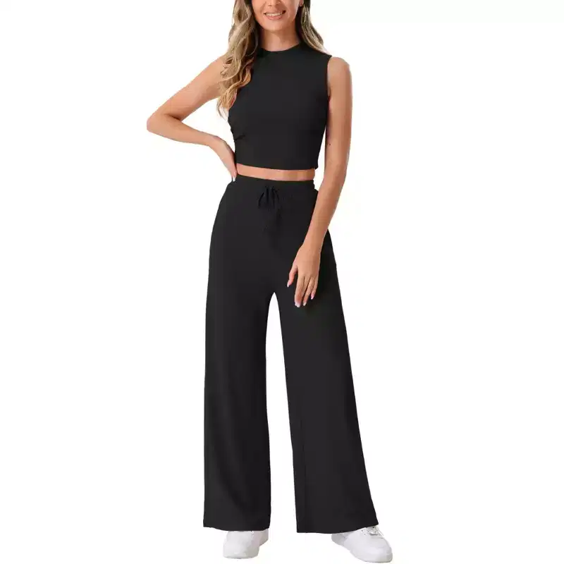 Allegra K Women's 2 Piece Crew Neck Sleeveless Crop Tank and Wide Leg Pants Summer Lounge Set