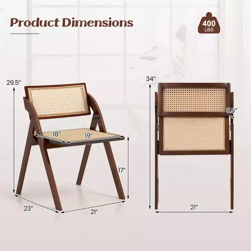 Costway Foldable Dining Chairs Set of 2/4 with Woven Rattan Backrest & Seat Rubber Wood Frame Brown