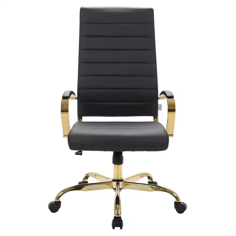 LeisureMod Benmar High-Back Ribbed Leather Office Chair - Modern Swivel & Tilt Executive Desk Chair - Gold Base