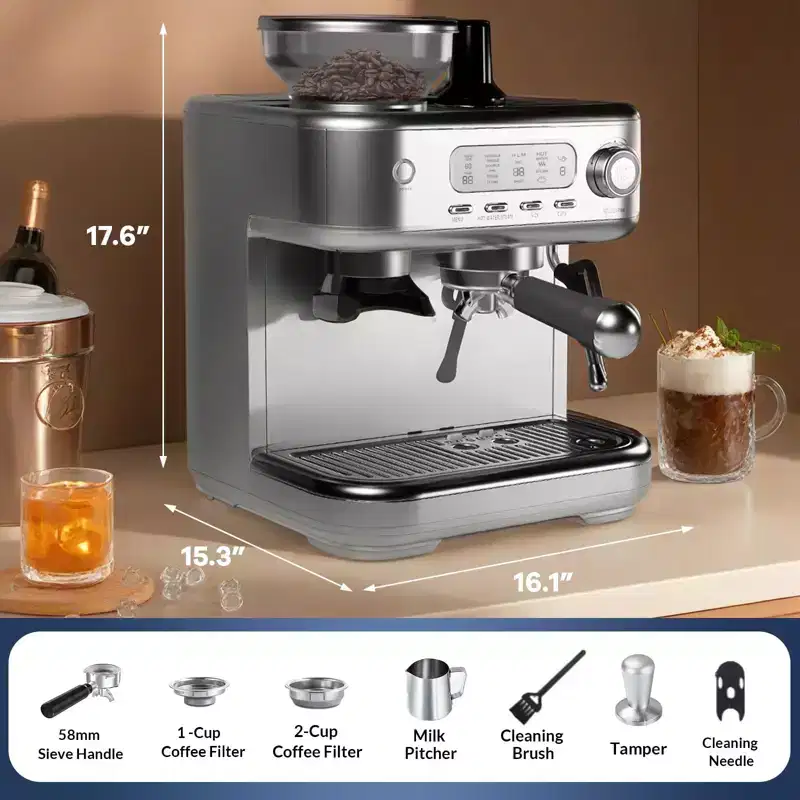 COZONY 15-Bar Espresso Machine with Grinder, PID Temp Control, Milk Frother, 8.8oz Hopper