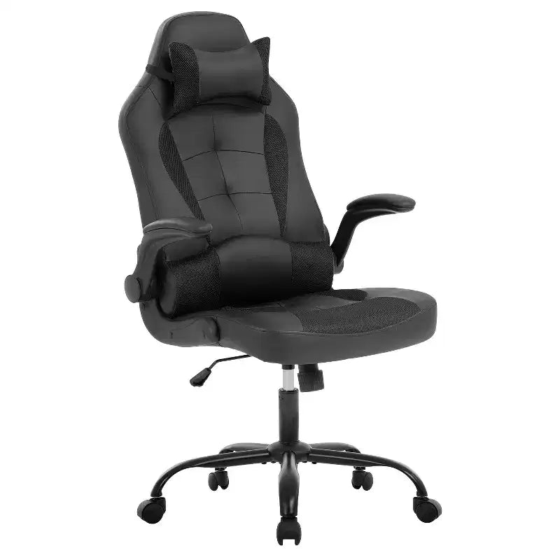 Gaming & Office Chair �C Lumbar Support, Flip-Up Arms, Headrest, 250 lbs, PU Leather