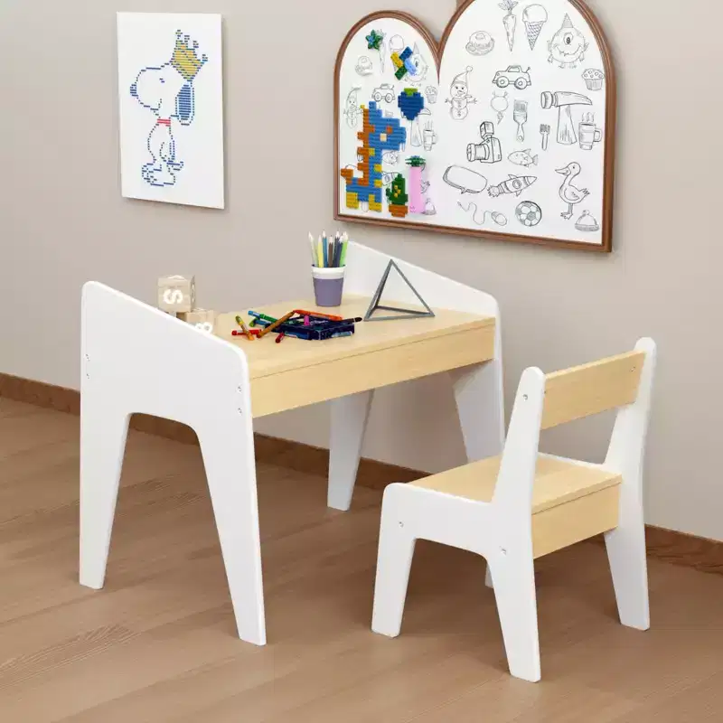 JVNOXK Rectangular Children's Desk and Chair Set, Includes One Chair, Wooden Children's Study Desk, Suitable for Ages 2-8, White + Natural Wood
