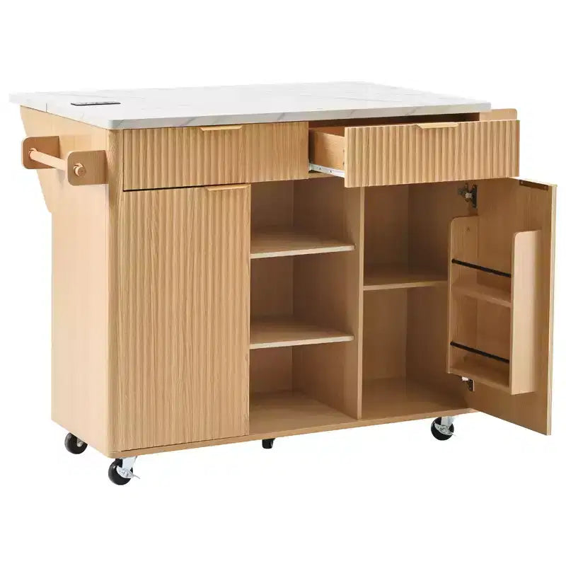 52-Inch Fluted Kitchen Island Cart with Power Outlet and Faux Marble Drop Leaf