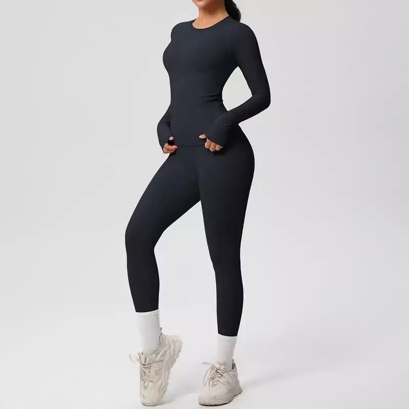 Anna-Kaci Active Women's Long Sleeve Crew Neck Top and High Waist Leggings Set with Slim Fit Design