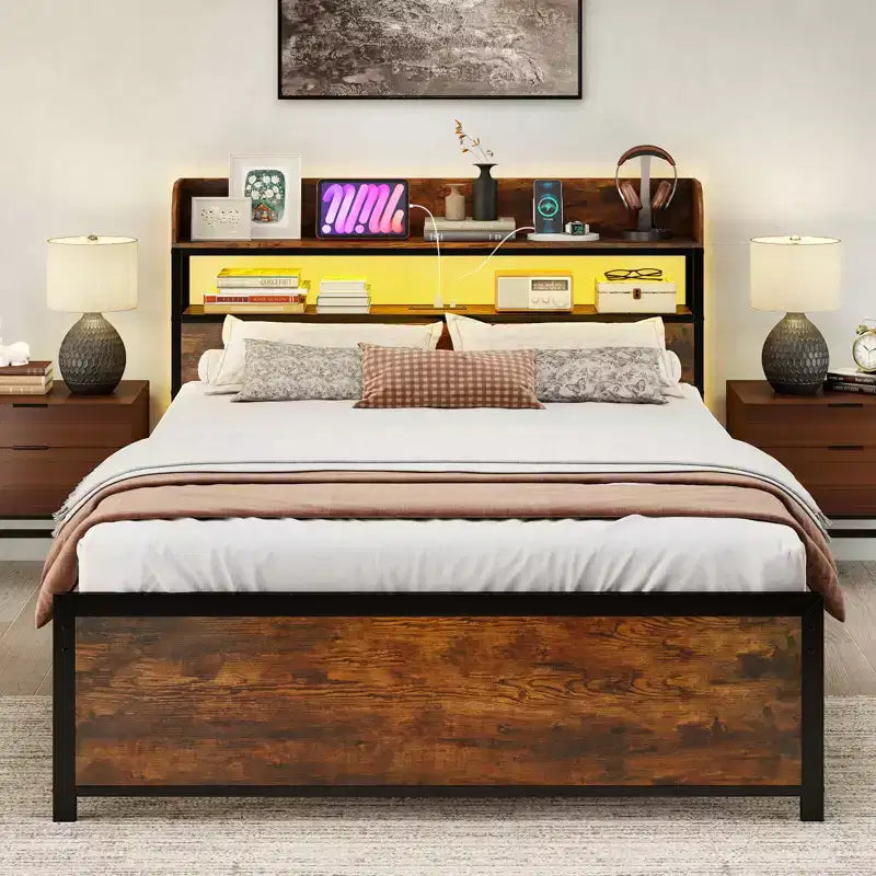 Full/Queen/King Bed Frame with LED Lights Power Outlets Storage Headboard Metal Slat Support