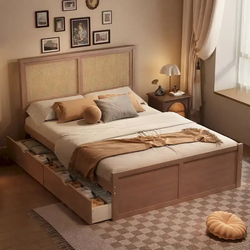 Storage Platform Bed with Rattan Headboard