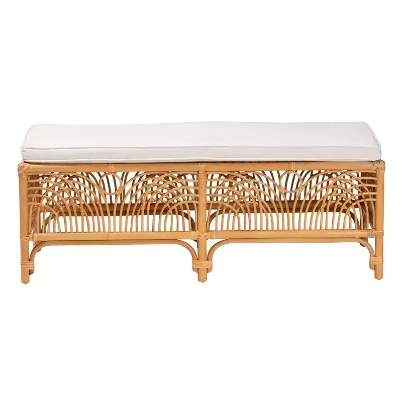 bali & pari Materra Rattan Bench White/Light Honey: Upholstered Polyester, No Assembly, Spot Clean