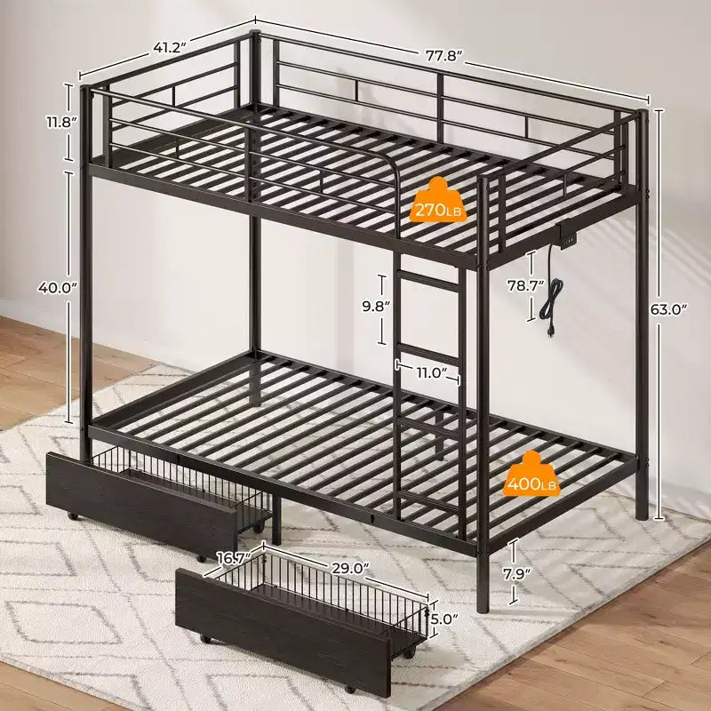 Metal Bunk Bed with Storage Drawers, Charging Station and LED Light - Safety Guardrail & Ladders