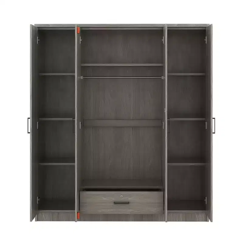 Wood 4-Door Wardrobe Armoire with Hanging Rod, 1-Drawer and Storage Shelves