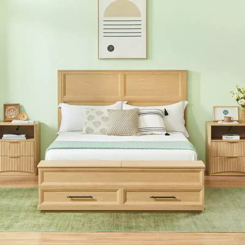 GDFStudio Nuru Modern Wooden Bed Frame with 3D Geometric Headboard and 4-Drawer Storage Bench