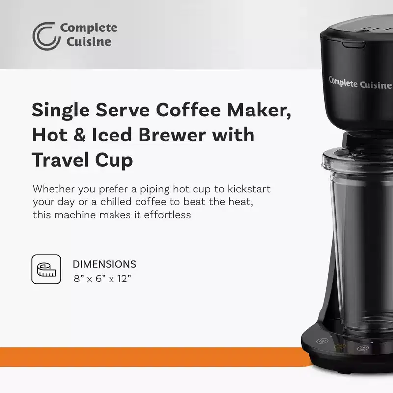 Complete Cuisine Single Serve Coffee Maker, Hot and Iced Brewer with Travel Cup, Straw, Reusable Filter, and Quick Brew Function, Black