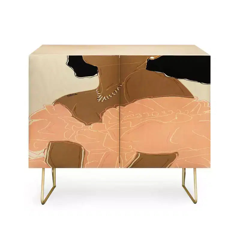 Floral Pattern Credenza, Birch Frame, 2 Doors, Adjustable Shelf