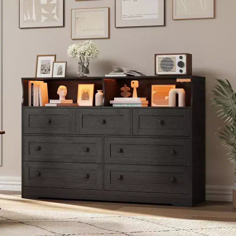 7-Drawer Dresser with 2 Open Cubbies, LED Lights and Charging Station in Black