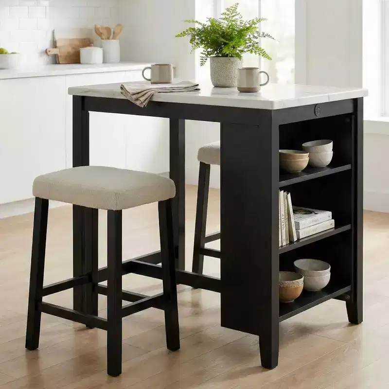 GDFStudio Oscar Transitional High Gloss Wood 3-Piece Dining Set with Storage Shelves and USB Ports, Boucle Upholstered Stools