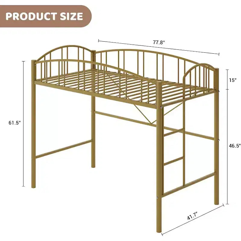 Twin Metal Loft Bed Frame with Safety Guardrail - Space-Saving Gold Loft Bed for Kids Dorm Room Storage