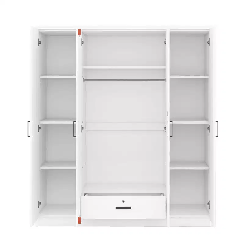 Wood 4-Door Wardrobe Armoire with Hanging Rod, 1-Drawer and Storage Shelves