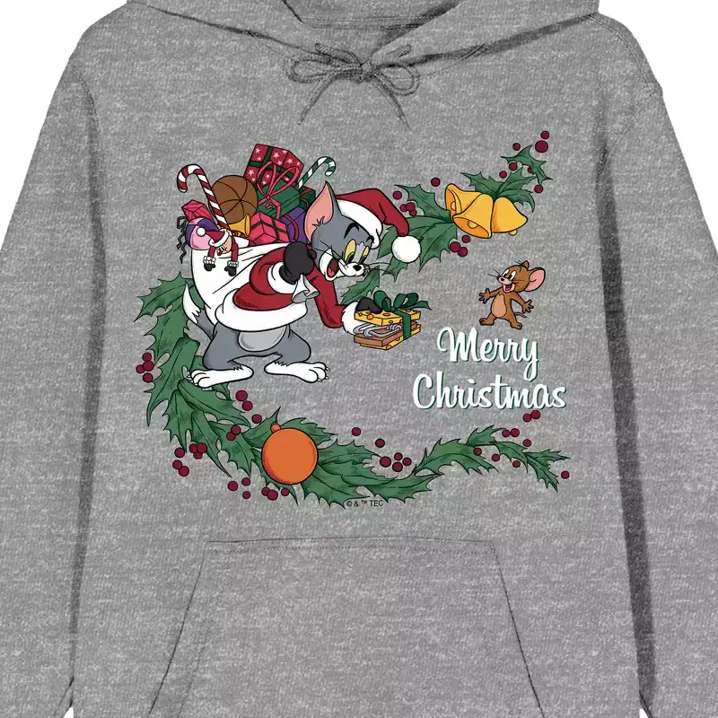 Tom & Jerry Christmas Goodie Bag Long Sleeve Gray Heather Adult Hooded Sweatshirt