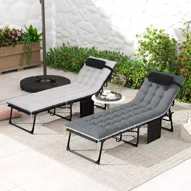 Outsunny 2 Pieces Outdoor Lounge Chairs, 5-Level Reclining Outdoor Chaise Lounge, Folding Tanning Chair with Cushion for Beach, Poolside