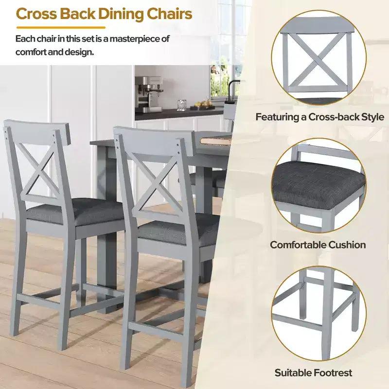 5 Piece Farmhouse Counter Height Dining Table Set Dining Set with 4 Upholstered Dining Chairs and 3-Tier Storage Shelves,Gray/Natural+White