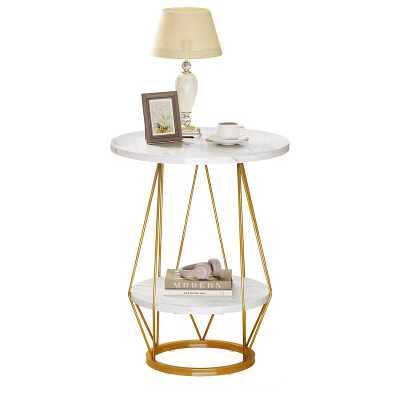 2-Tier Round End Side Table Faux Marble Top for Living Room