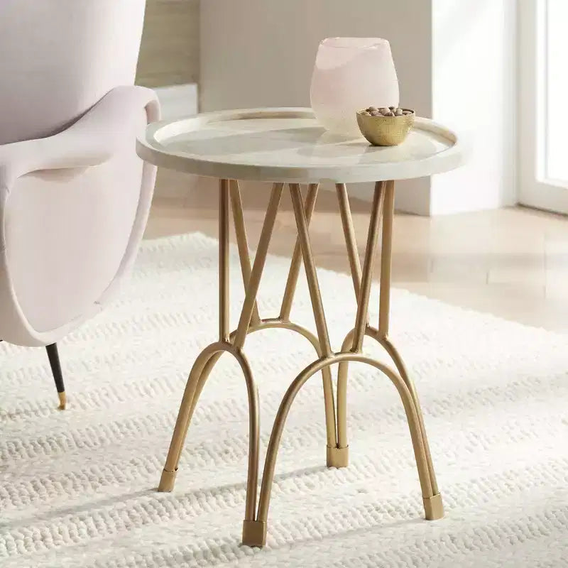 Coast to Coast Accents Osso Modern Metal Round Accent Table 20 Wide Gold Mosaic Bone Tile Tabletop for Living Room Bedroom Bedside Entryway House