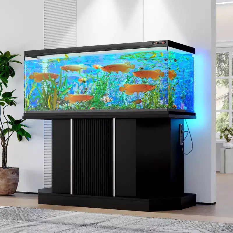 55-75 Gallon Fish Tank Stand, Heavy Duty 880LBS Capacity with 4 AC 2 USB Ports & Cabinet Storage, Black Aquarium Stand - ModernLuxe