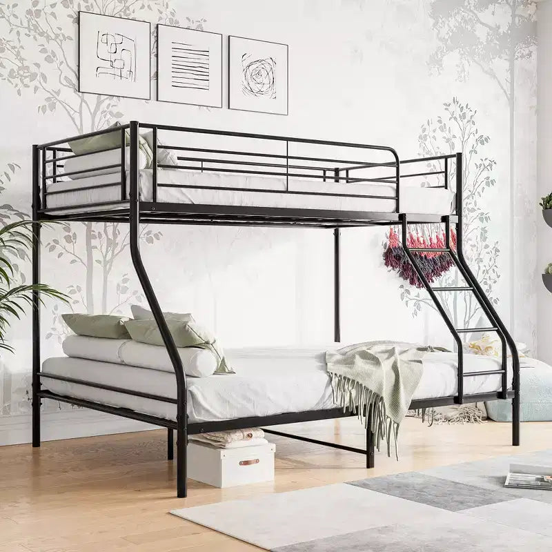 Twin-Over-Full Metal Bunk Bed with Guardrail and Inclined Ladder