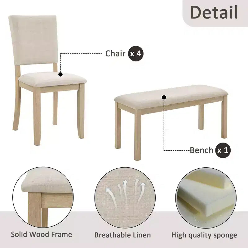 Fen Modern 6-Piece Dining Set with Wooden Rectangular Table, 1 Bench, and 4 Linen Upholstered Chairs