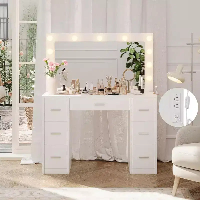 Acekool White Vanity Desk with Mirror, Adjustable Lighting & Power Outlets, 7 Drawer Makeup Table for Bedroom or Dressing Room