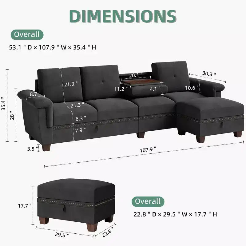Celebalcony Sectional Couch, Convertible L Shaped Couch with Storage,Sectional Sofa with Storage Ottoman for Living Room, Apartment, Office