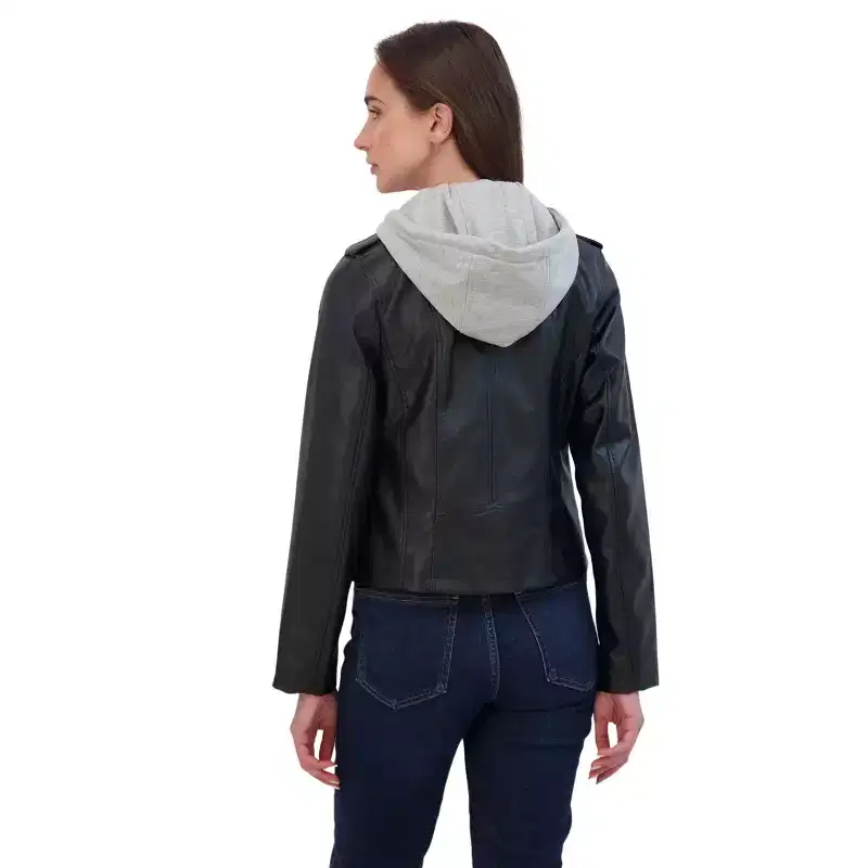 Juniors' Faux Leather Moto Jacket With Fleece Hood - Sebby