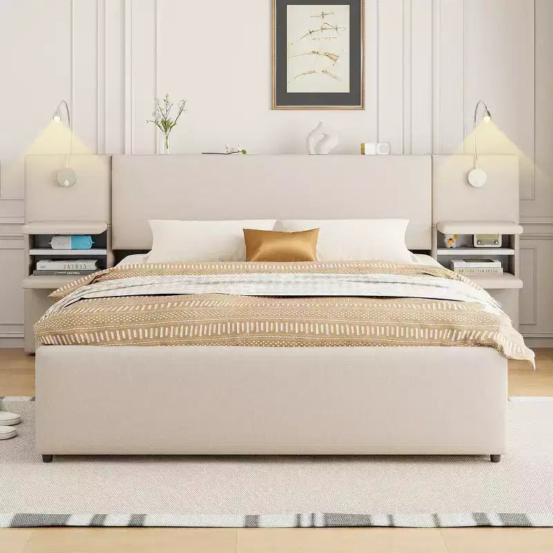 Whisen Upholstered Queen Platform Bed with Storage Drawers, Shelves, Trundle & Reading Lights