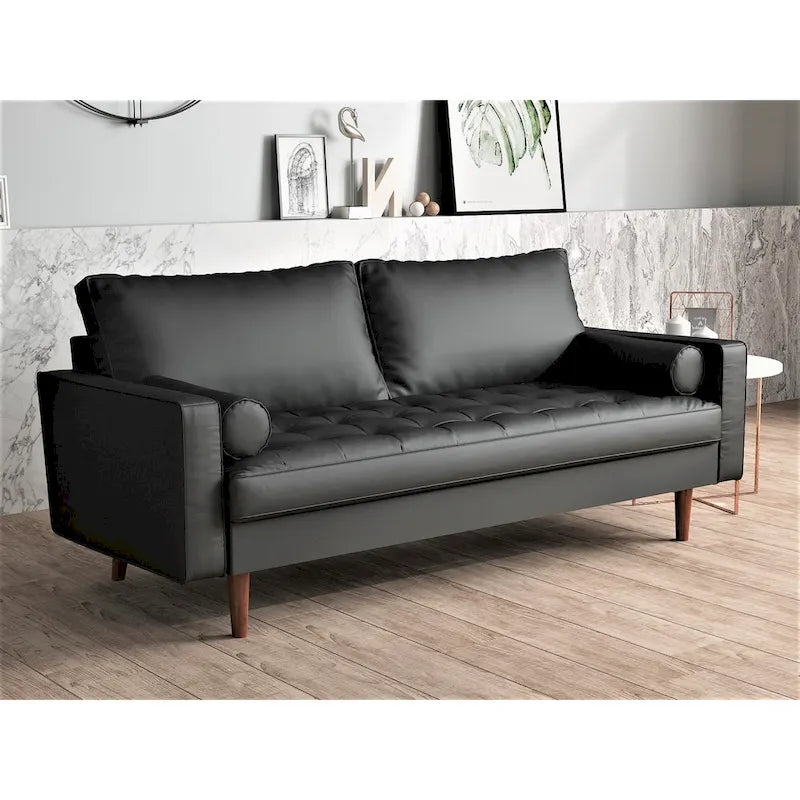 Mid-Century Modern Faux Leather Sofa with Track Arms