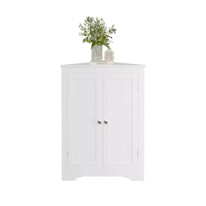 White Floor Corner Cabinet with 2 Doors & Adjustable Shelves for Bathroom Kitchen Living Room
