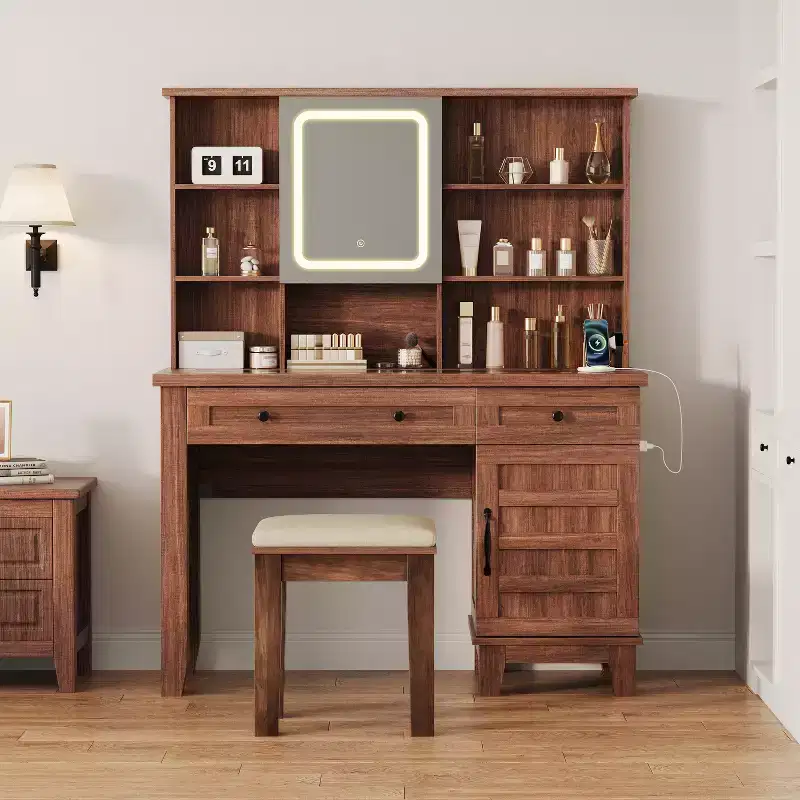 Farmhouse Makeup Vanity Desk with Mirror and Lights, Power Outlet, 2 Drawers and Cushioned Stool, Glass Top for Bedroom Dressing Room