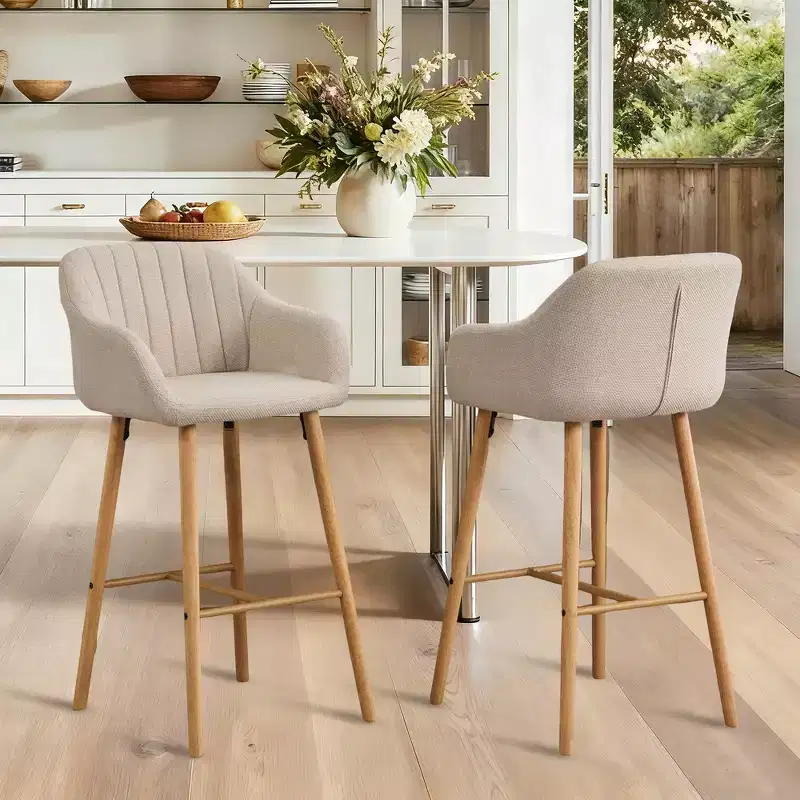 Zeus & Ruta Modern Linen Upholstery Bar Stools Set of 2 with Back, Armrest & Wood Legs, Kitchen Island Height