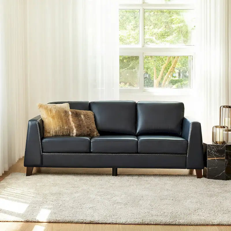 81.5 Inch Genuine Leather Tuxedo Arm Sofa with Solid Wood Legs