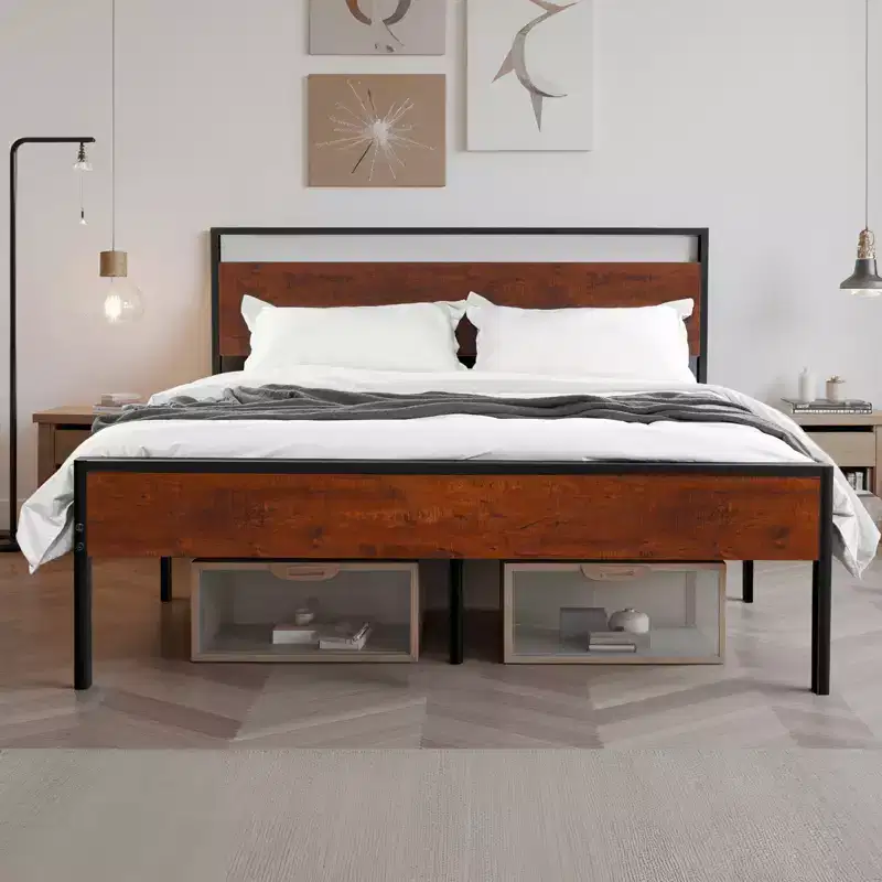 Queen Size Black Metal Platform Bed Frame with Retro Brown Wooden Headboard and Footboard, Large Under-Bed Storage