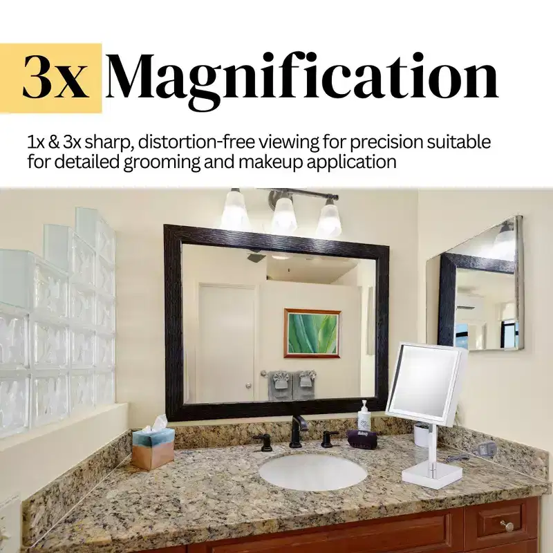 Aptations 8 LED Square Mirror - 3X Magnification, Free Standing - Cool Light, Makeup Mirror for Vanity, Bedroom, Bathroom - (Brushed Nickel)