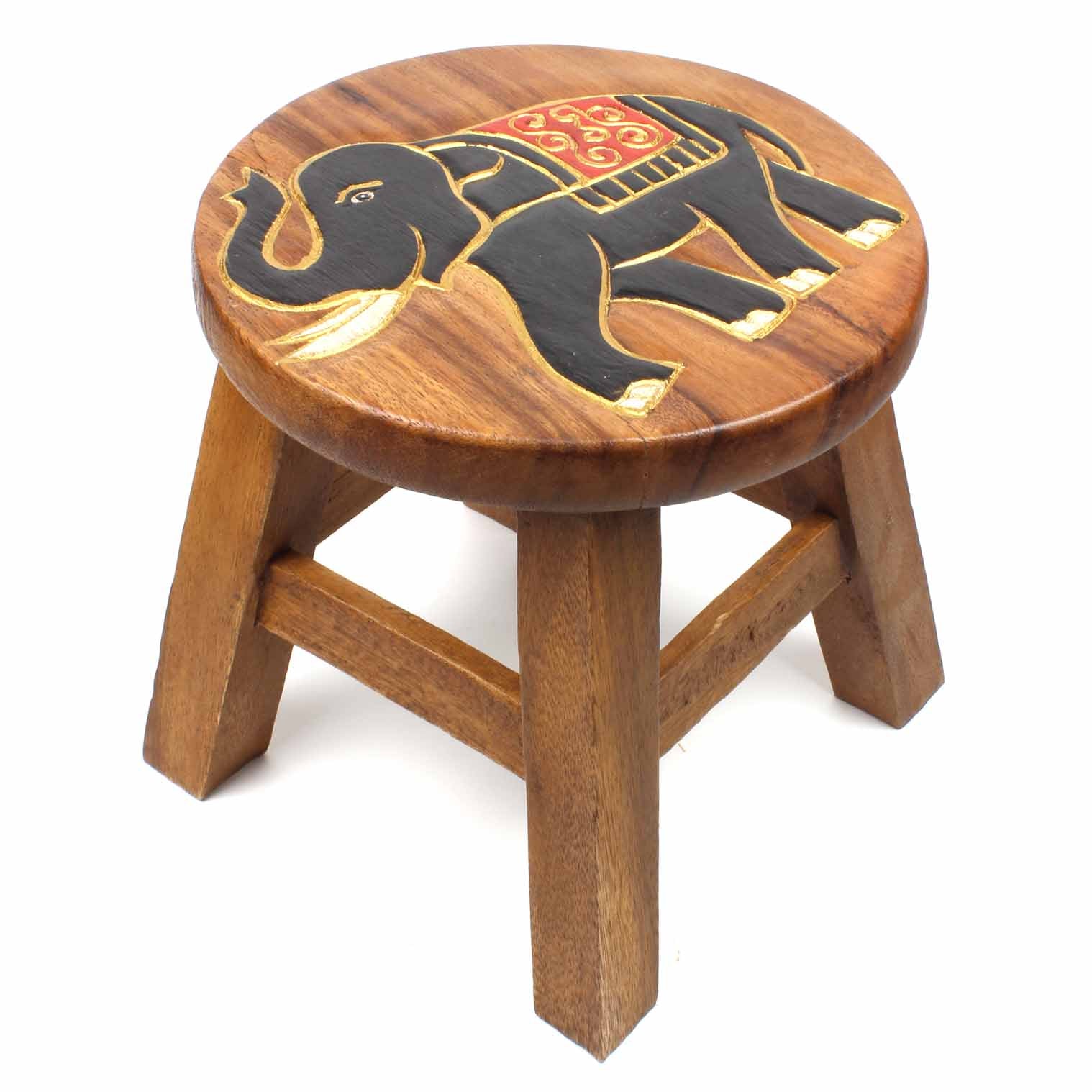 Elephant Carved Raintree Wood Stool