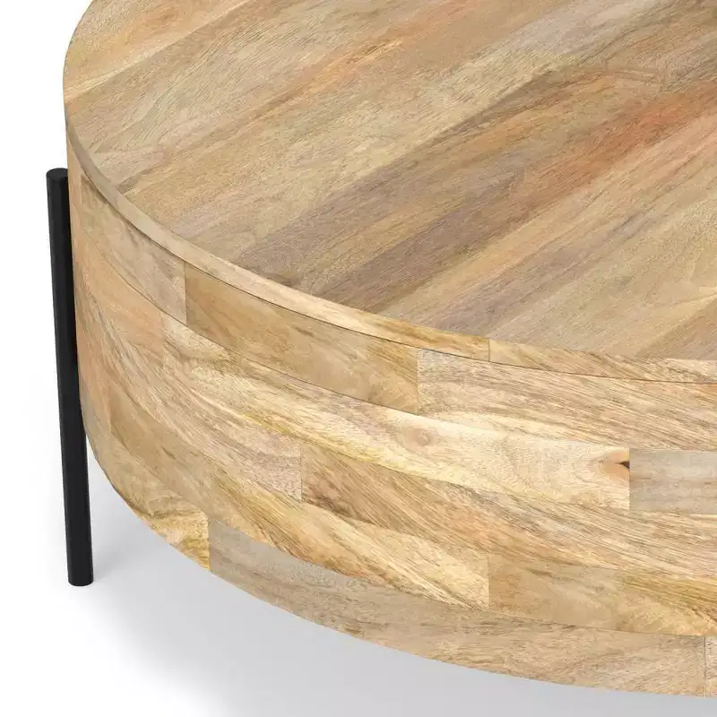 WyndenHall Farmington Drum Coffee Table Natural : Modern Industrial Style, Mango Wood & Iron, 38