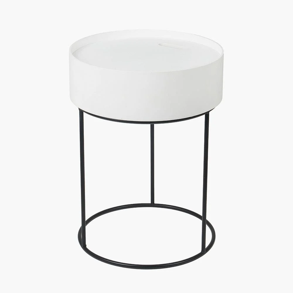 White Wood Veneer & Black Metal Storage Side Table