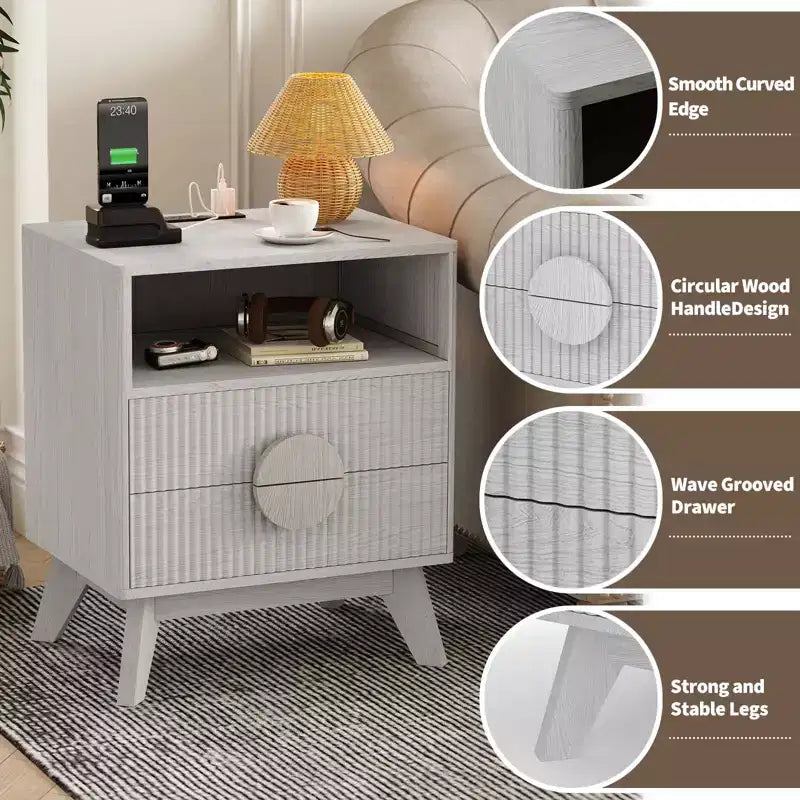 Modern Fluted Bedside Table Set of 2  Wood Bedside Table  2 Drawers & Open Storage Shelf  End Table with Outlets