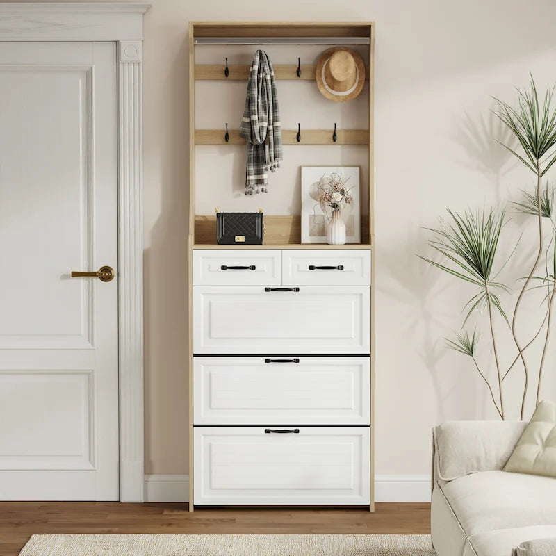 Wooden Shoe Cabinet with 3 Doors, 2 Drawers and Hangers