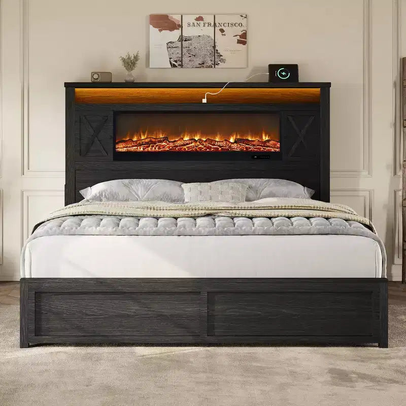 AMERLIFE Storage Platform Bed with Fireplace Headboard, LED Lights, Charging Station, Drawers